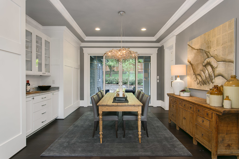 Large transitional kitchen/dining combo in Seattle with grey walls and dark hardwood floors.