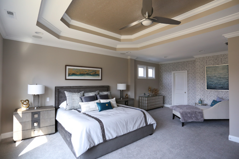 Large transitional master bedroom in Indianapolis with black walls, carpet, no fireplace and beige floor.
