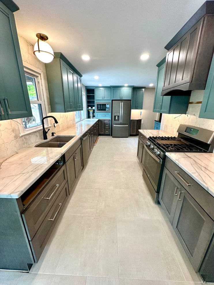 Inspiration for a large transitional galley porcelain tile and beige floor eat-in kitchen remodel in Omaha with an undermount sink, recessed-panel cabinets, turquoise cabinets, quartzite countertops, white backsplash, porcelain backsplash, stainless steel appliances, no island and white countertops