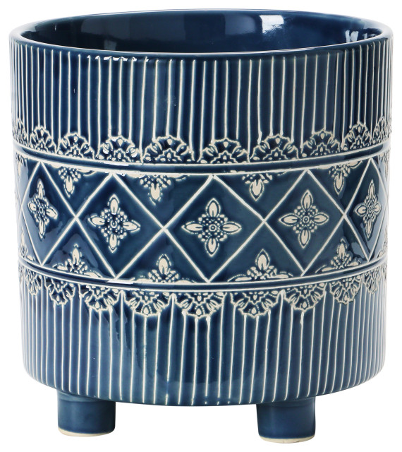 Debossed Stoneware Footed Planter With Pattern, Blue/White