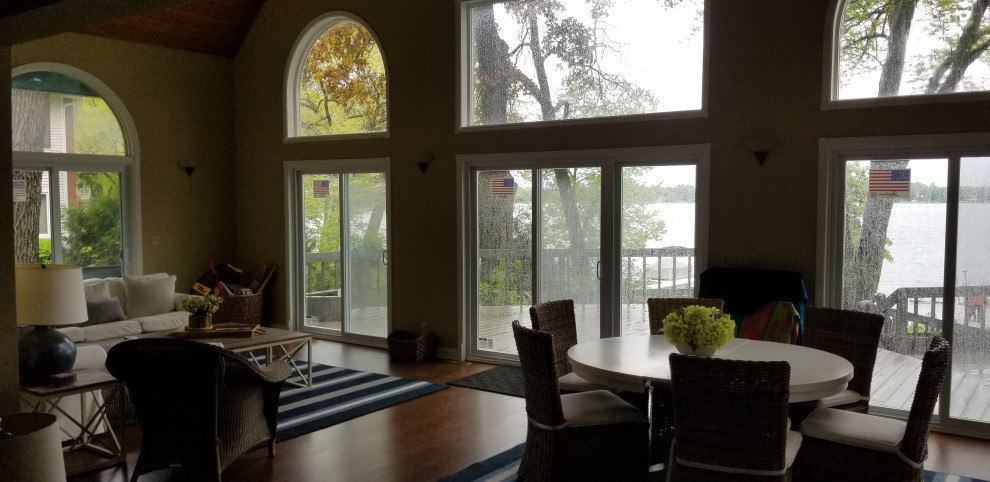 Custom sliding glass doors in lake house