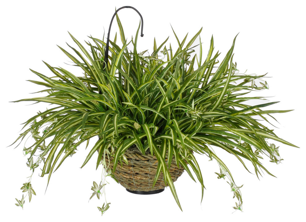 Artificial Spider Plant in Water Hyacinth Hanging Basket, Natural Water Hyacinth