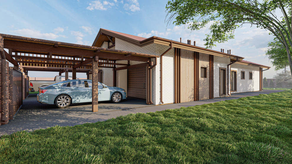 Одноэтажный дом с двумя встроенными гаражами в Лаишево