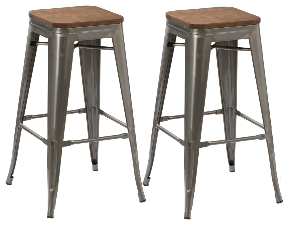 Terry Metal and Wood Bar Stools, Set of 2, 30" Industrial Bar