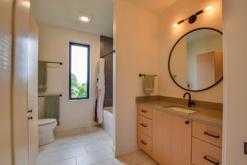 Midcentury bathroom in Other with white walls, a single vanity and a built-in vanity.