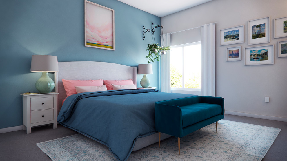 Photo of a mid-sized transitional master bedroom in San Francisco with blue walls, carpet, no fireplace and grey floor.
