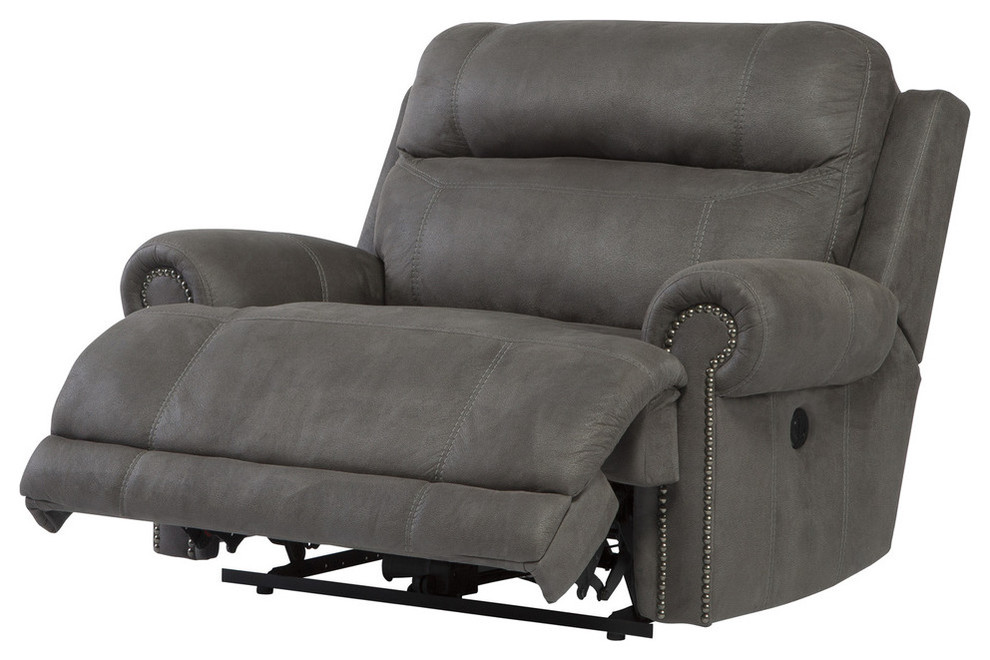 Ashley Austere Faux Leather Power Zero Wall Wide Recliner in Gray