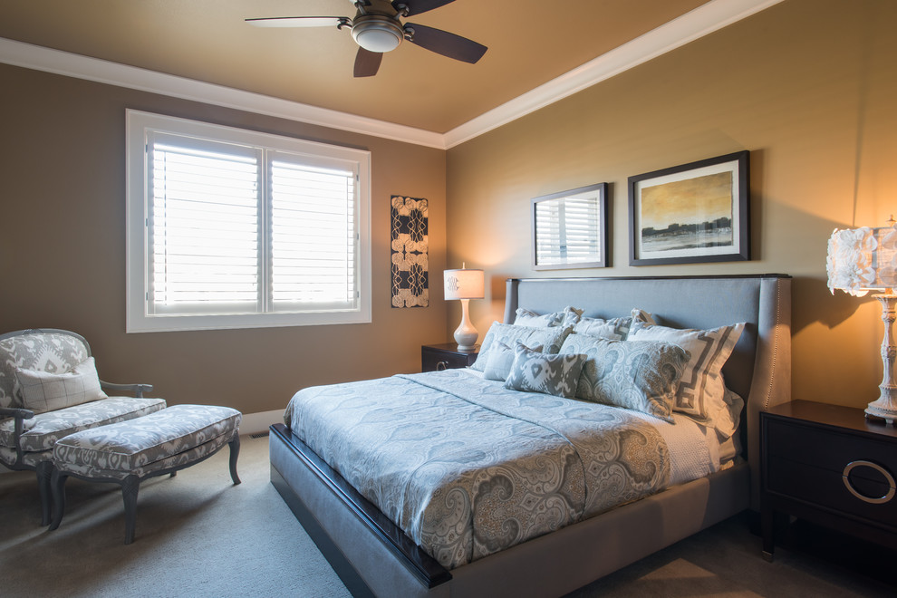 Mid-sized transitional master carpeted bedroom photo with gray walls and no fireplace