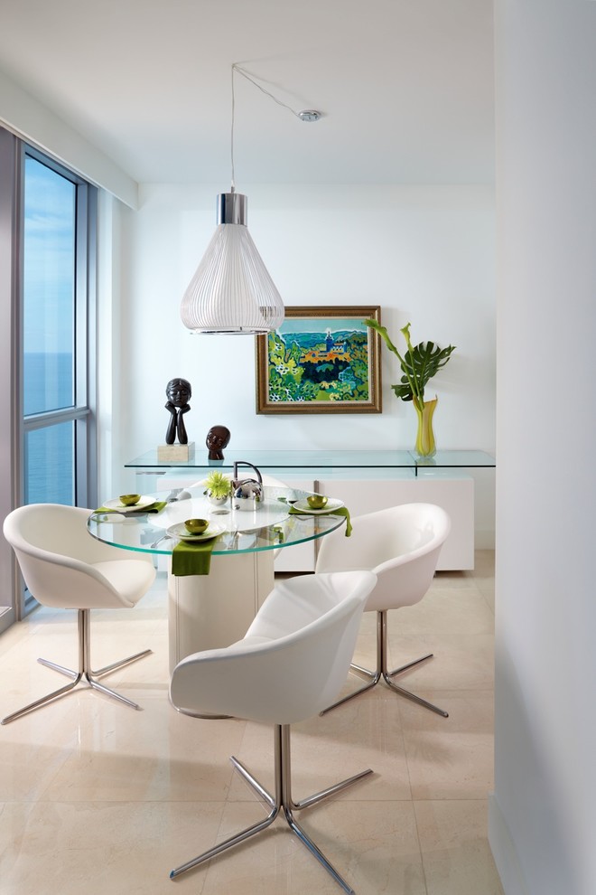 Design ideas for a contemporary dining room in Miami with white walls and beige floor.