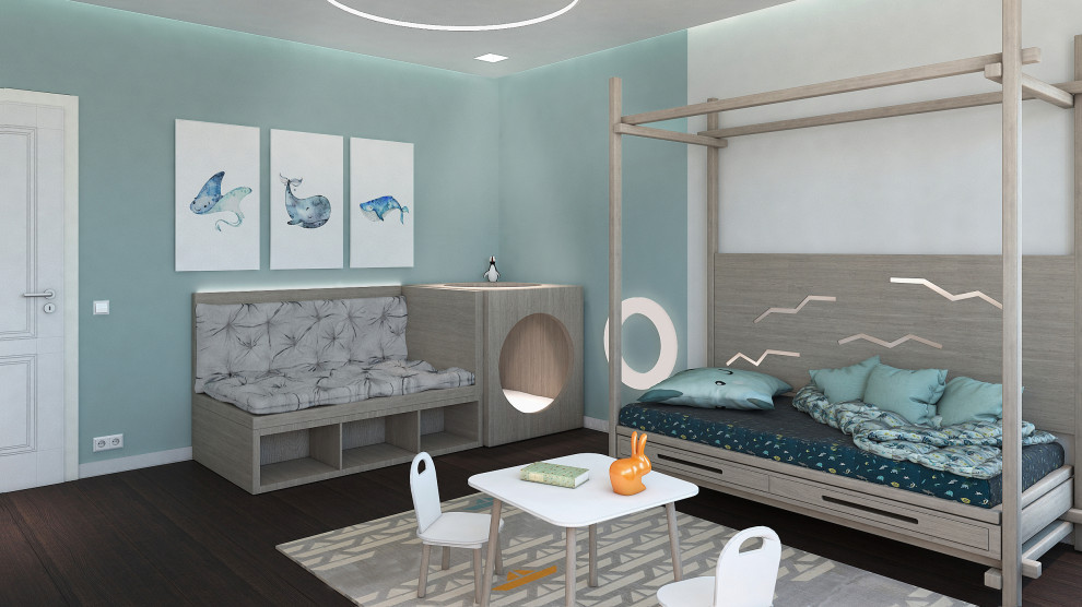Design ideas for a large contemporary gender-neutral toddler room in Berlin with multi-coloured walls and brown floor.