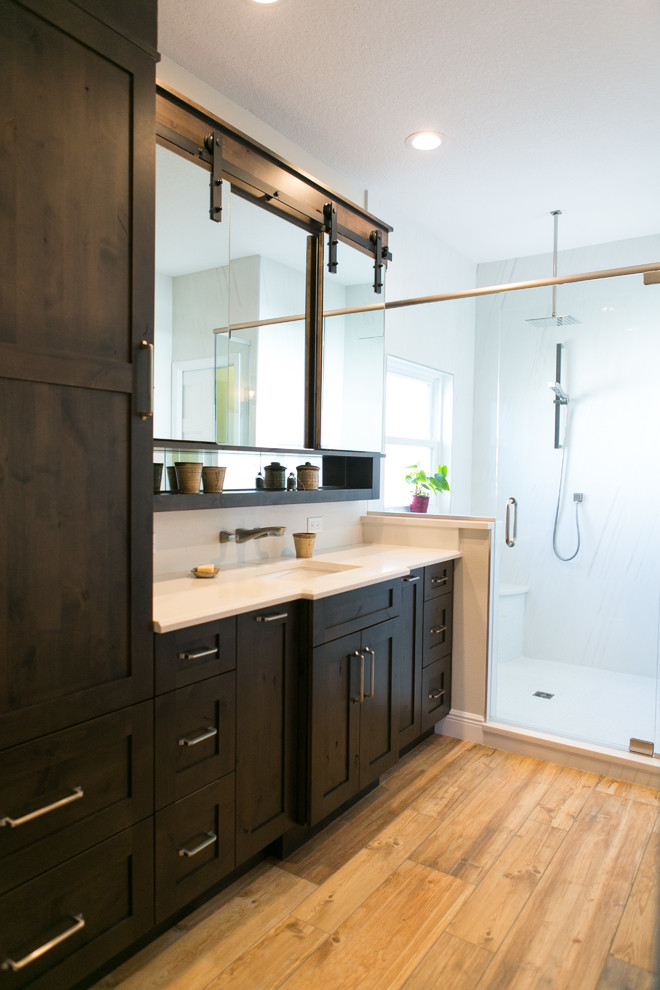 Master Bath Remodel with Barn Door Vanity Mirror - Transitional ...