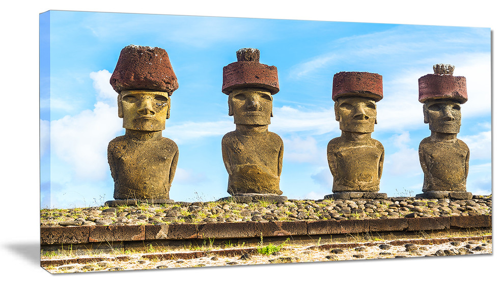 "Moai With Red Topknot Hat" Portrait Canvas Photo Print, 32"x16