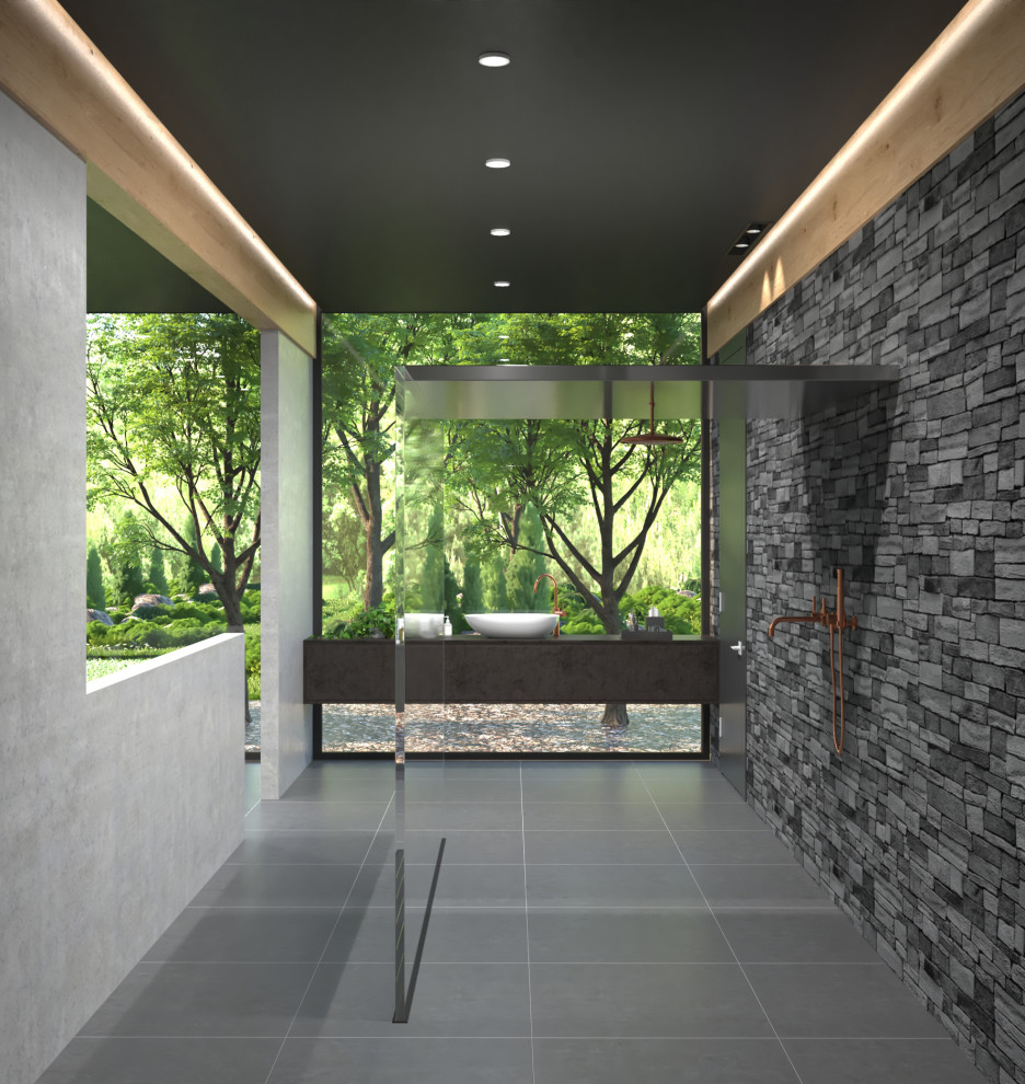 Idées déco pour un grand sauna contemporain avec une baignoire indépendante, une douche ouverte, WC séparés, une vasque, aucune cabine, meuble double vasque et meuble-lavabo sur pied.