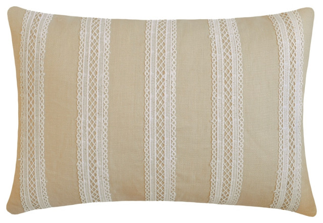 Decorative Beige Linen 12"x24" Lumbar Pillow Cover Lace, Striped - Lace Serenade