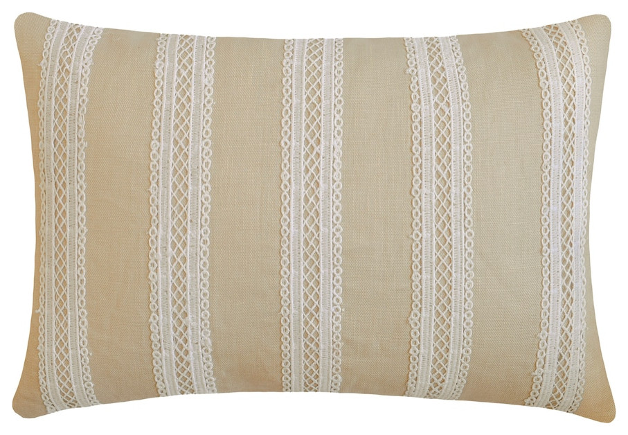 Decorative Beige Linen 12"x24" Lumbar Pillow Cover Lace, Striped - Lace Serenade