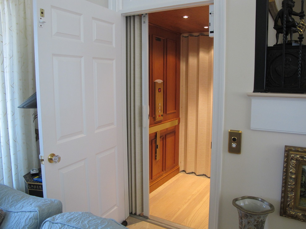 This is an example of a mid-sized traditional hallway in Detroit with brown walls and light hardwood floors.