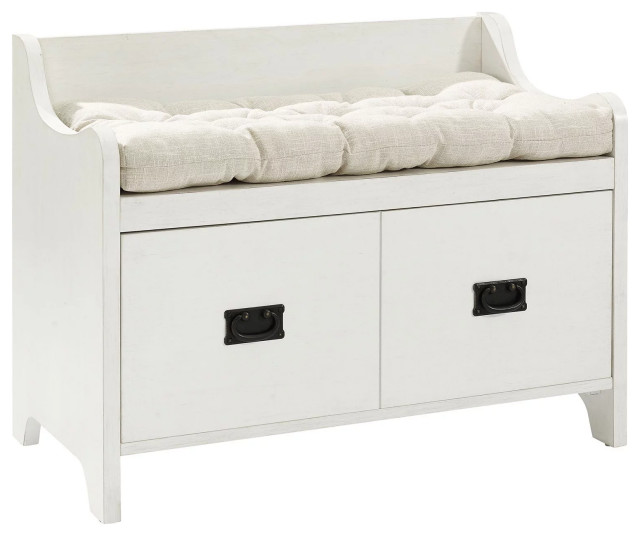 Classic Storage Bench, Cushioned Seat & Drawers With Ring Pull, Distressed White Traditional