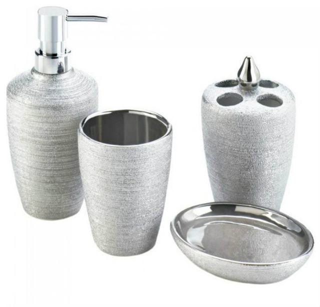Shimmery Silver Bath Accessory Set Transitional Bathroom Accessory