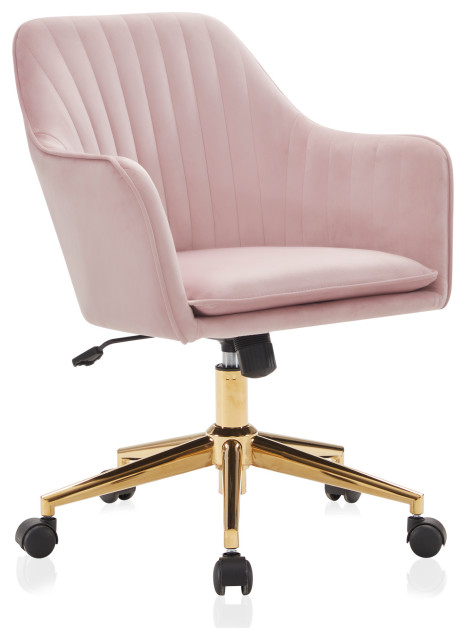 Modern Home Office Chair 360 Swivel, Tufted Velvet Desk Chair, Pink/Gold