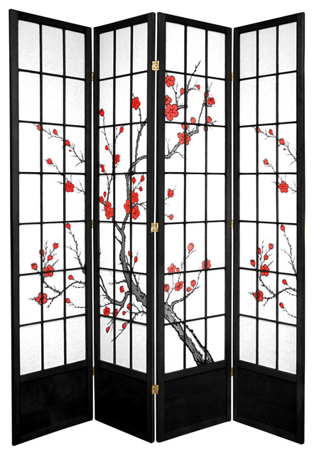 7' Tall Cherry Blossom Shoji Screen, Black, 4 Panels