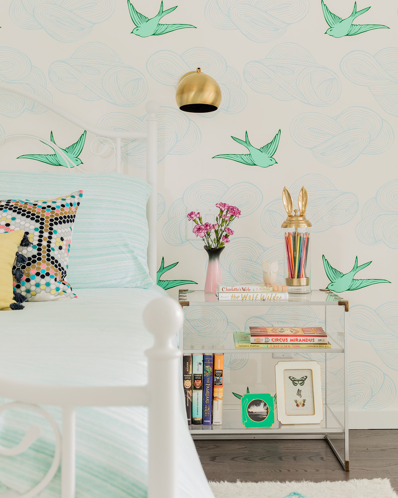 Bedroom and large transitional girl brown floor and dark wood floor kids' bedroom photo in New York with multicolored walls