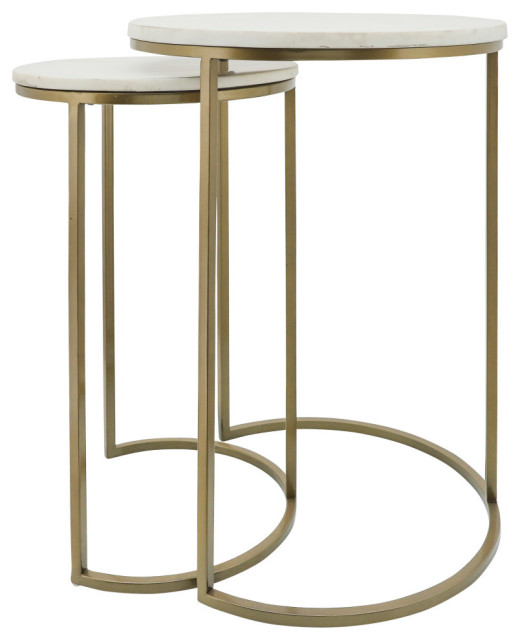 Metal/Marble 2Piece Set Side Tables, Gold/White Contemporary
