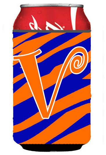 Letter V Initial Monogram, Tiger Stripe Blue and Orange Can/Bottle Hugger