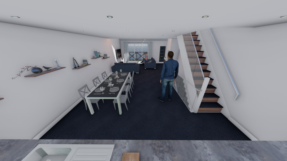 Idee per una piccola sala da pranzo aperta verso il soggiorno moderna con pareti grigie, moquette, nessun camino e pavimento blu