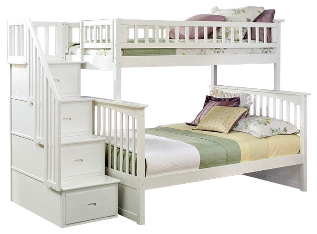 Twin Over Full Bunk Bed With Stairway Storage Drawers In White