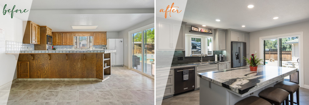 Contemporary l-shaped eat-in kitchen in Sacramento with a single-bowl sink, shaker cabinets, white cabinets, granite benchtops, multi-coloured splashback, ceramic splashback, stainless steel appliances, porcelain floors, with island, brown floor and multi-coloured benchtop.