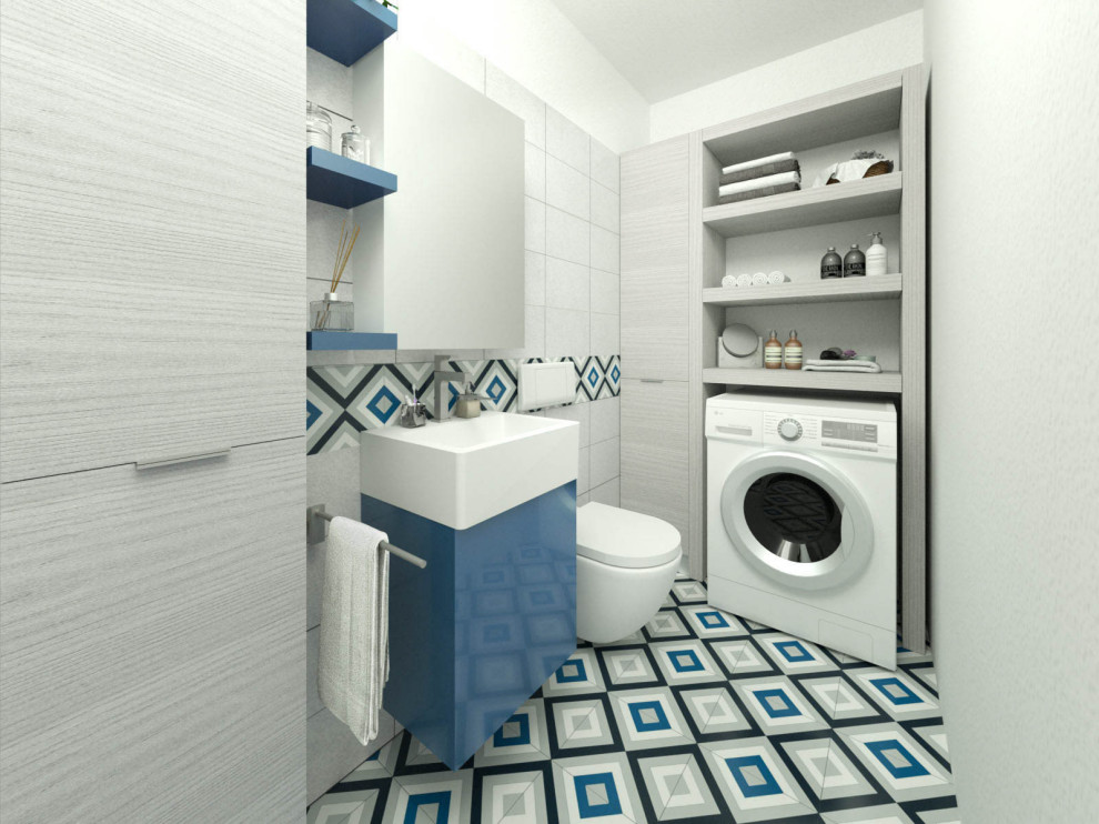 This is an example of a small modern single-wall dedicated laundry room in Other with a single-bowl sink, grey walls, ceramic floors, an integrated washer and dryer and multi-coloured floor.