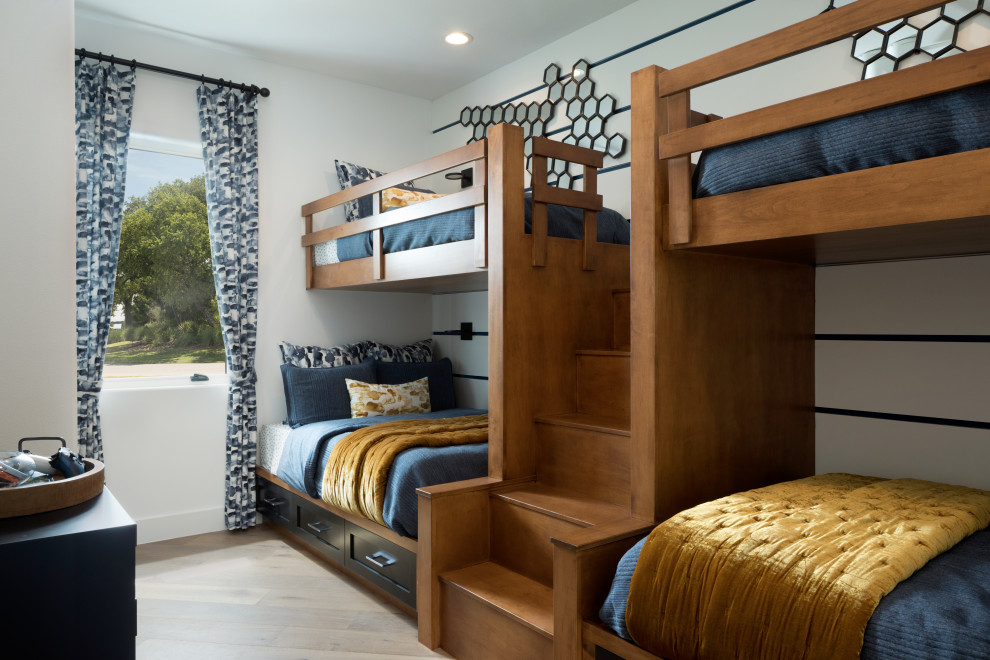 Inspiration for a contemporary kids' room in Austin with wood walls.