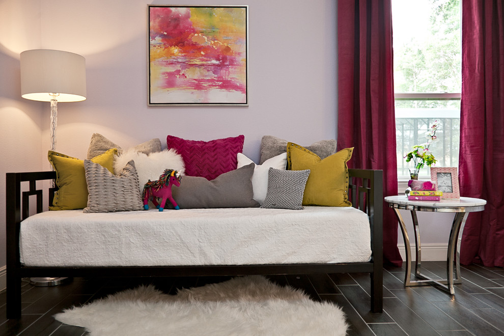 Inspiration for a large transitional master porcelain tile and brown floor bedroom remodel with gray walls and no fireplace