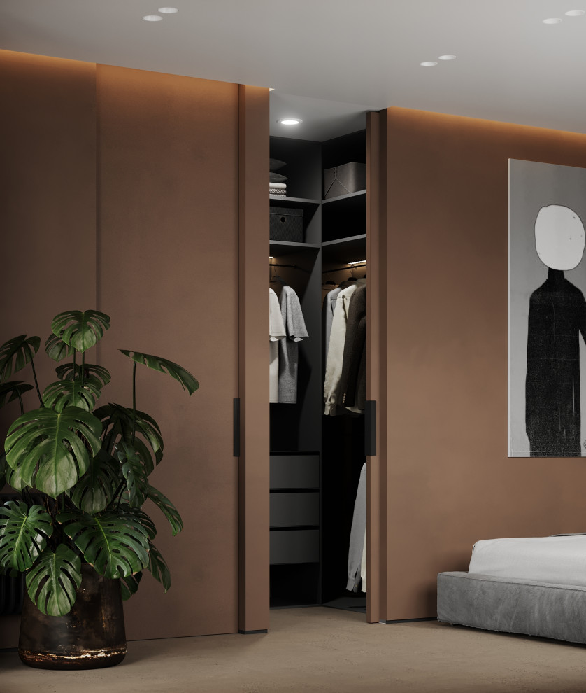 Пример оригинального дизайна: хозяйская спальня среднего размера в современном стиле с коричневыми стенами и акцентной стеной
