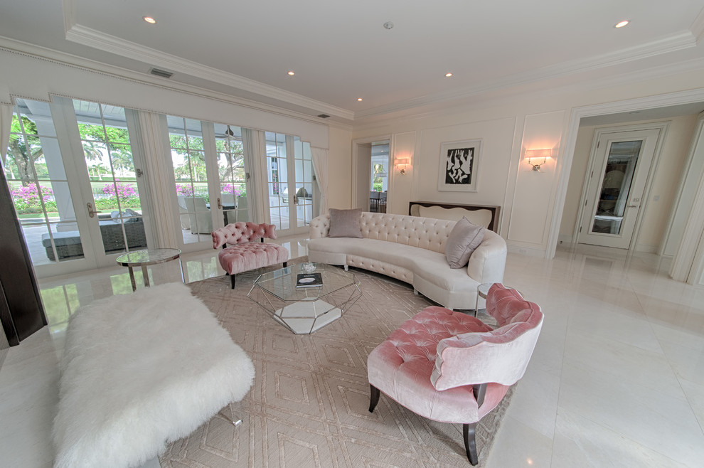 Inspiration for a large traditional formal open concept living room in Miami with white walls, porcelain floors, white floor, a ribbon fireplace, a stone fireplace surround and no tv.