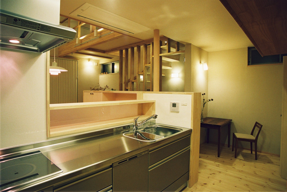 Inspiration för mellanstora moderna linjära kök med öppen planlösning, med bänkskiva i rostfritt stål, vitt stänkskydd och en halv köksö