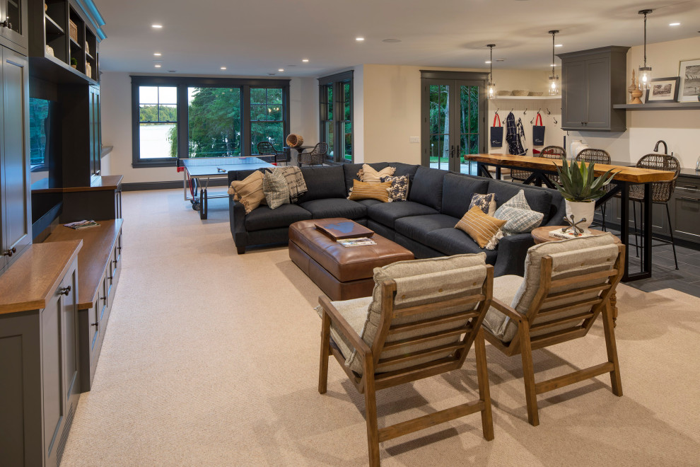 This is an example of a large beach style walk-out basement in Minneapolis.