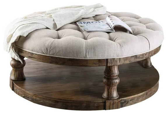 Rustic Round Coffee Table, Carved Base With Lower Shelf & Button Tufted Top, Oak