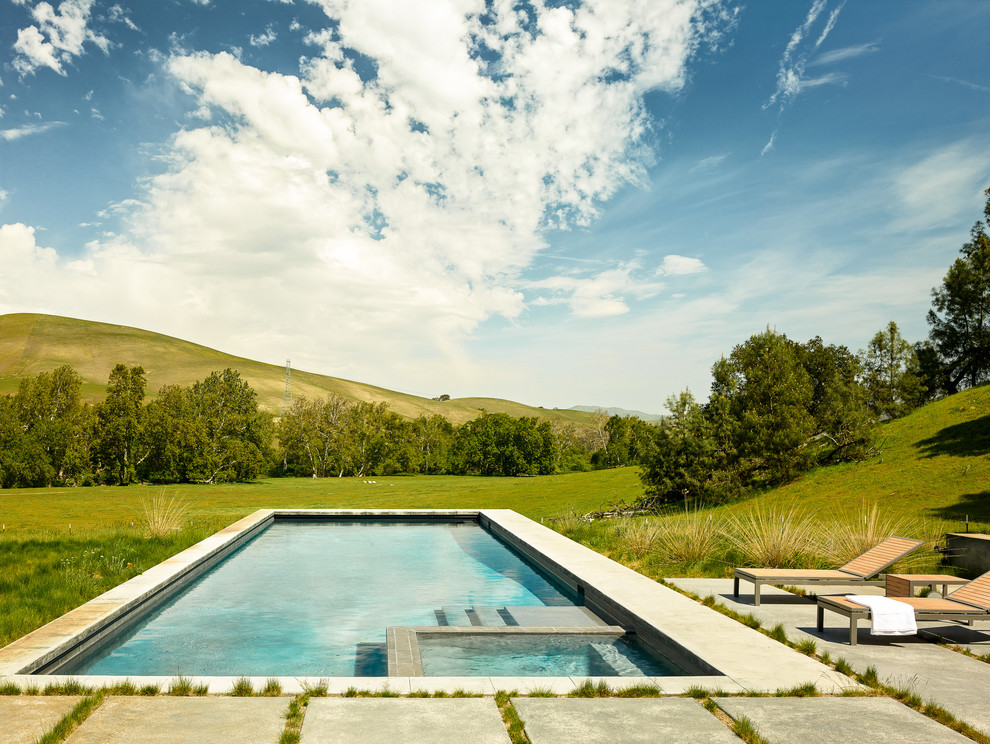 Inspiration for a contemporary rectangular pool in San Francisco with a hot tub and concrete pavers.
