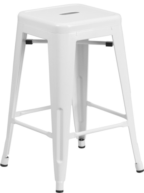 24" High Backless White Metal Indoor-Outdoor Counter Height Stool,Square Seat