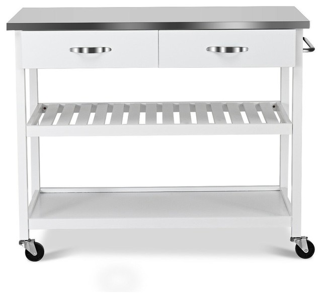Modern Rolling Kitchen Trolley Cart Island With Stainless Steel Counter Top Whi