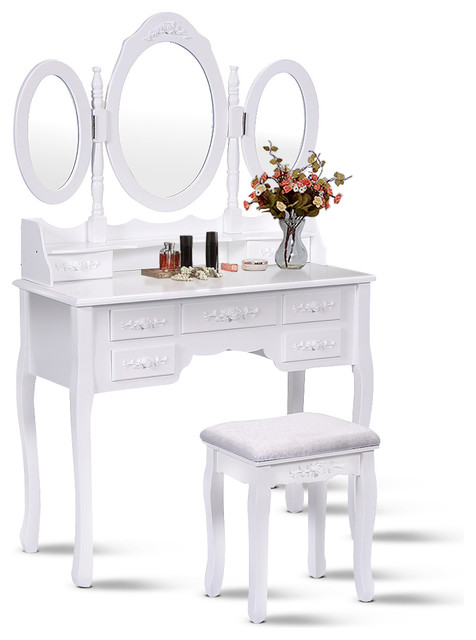 Costway White Tri Folding Oval Mirror, Cream Tri Fold Mirror Vanity Set