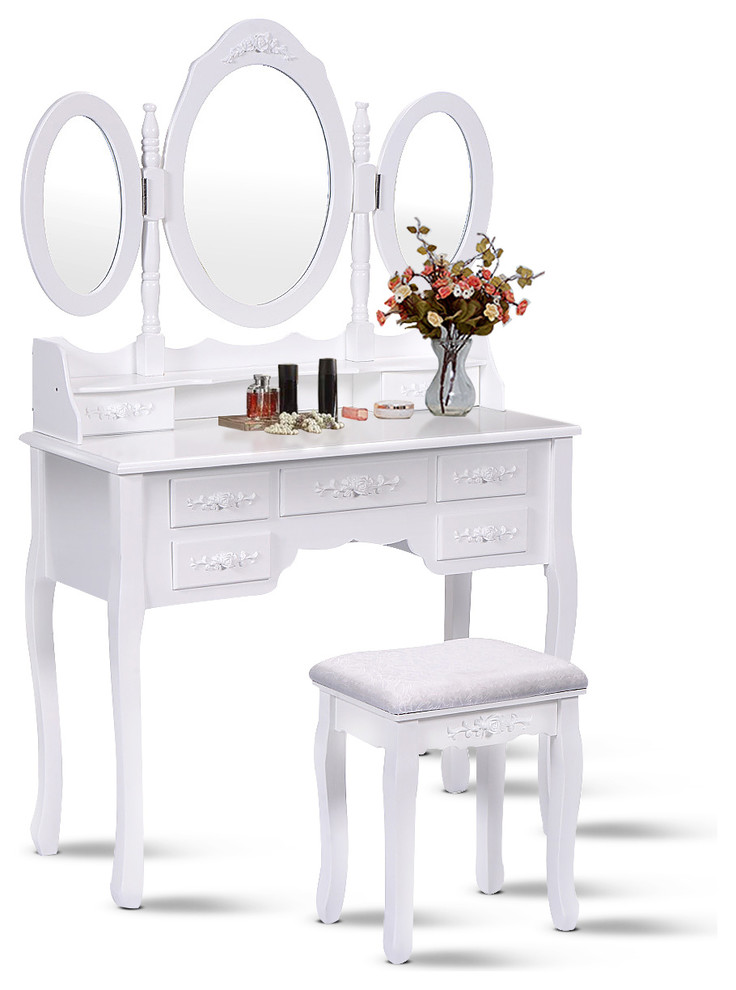 Costway White Tri Folding Oval Mirror Wood Vanity Makeup Table Set with Stool
