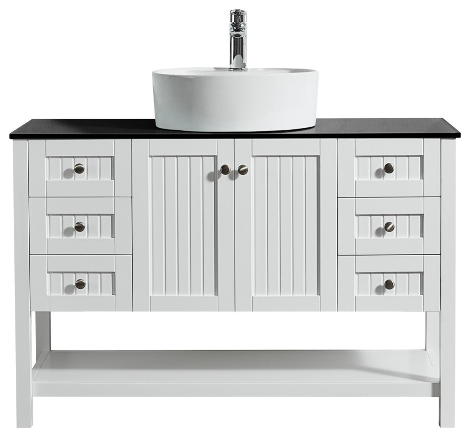 Modena Vanity, Glass Countertop, White Vessel Sink, White, 48", Without Mirror
