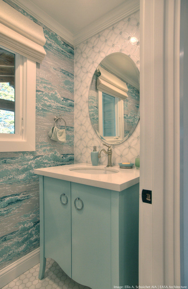 Small classic cloakroom in San Francisco with flat-panel cabinets, blue cabinets, multi-coloured tiles, ceramic tiles, ceramic flooring, engineered stone worktops, white floors, white worktops, a freestanding vanity unit and wallpapered walls.