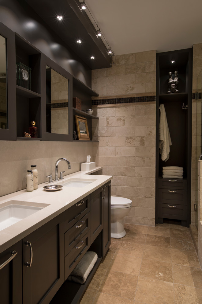 Photo of a transitional bathroom in Chicago with recessed-panel cabinets, grey cabinets, beige tile, grey walls, an undermount sink, beige floor and beige benchtops.