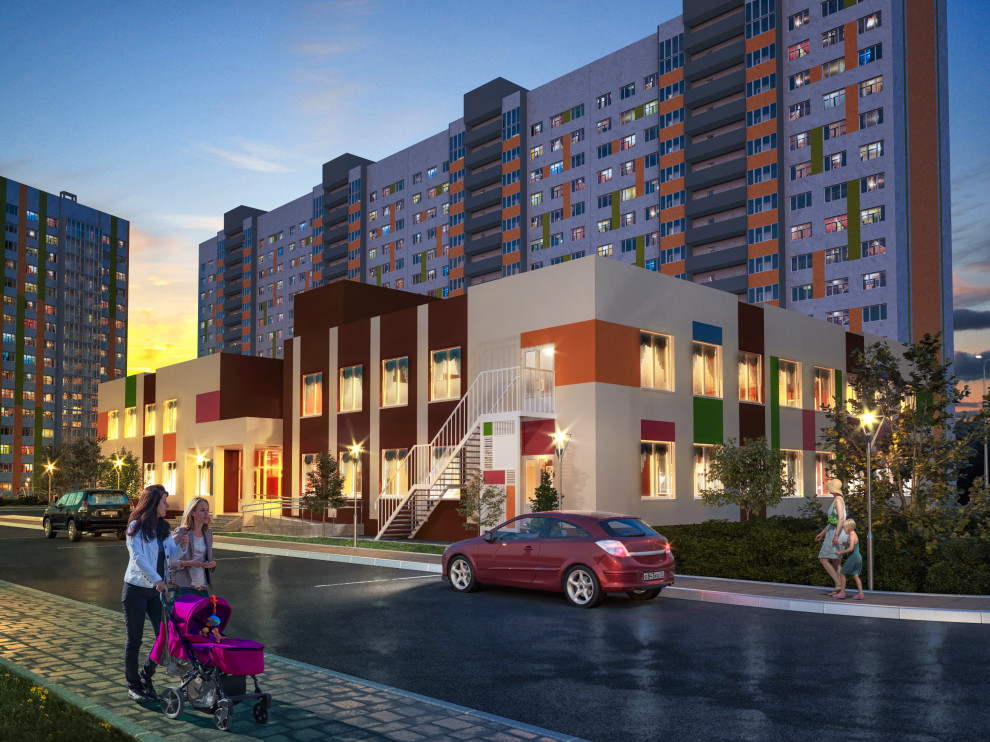 3д визуализация детского сада. Чебоксары, мкрн Солнечный. Вечернее освещение.