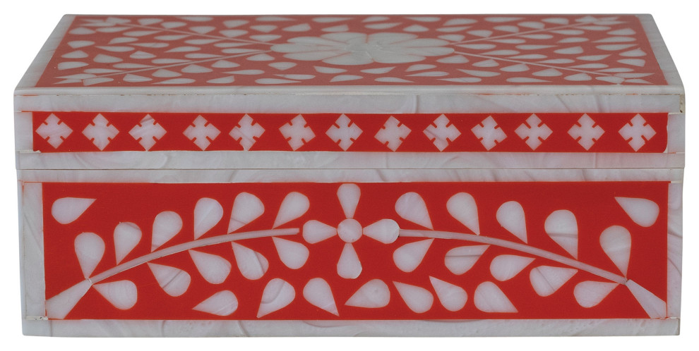 Decorative Mixed Material Storage Box with Horn Inlay, Red and White