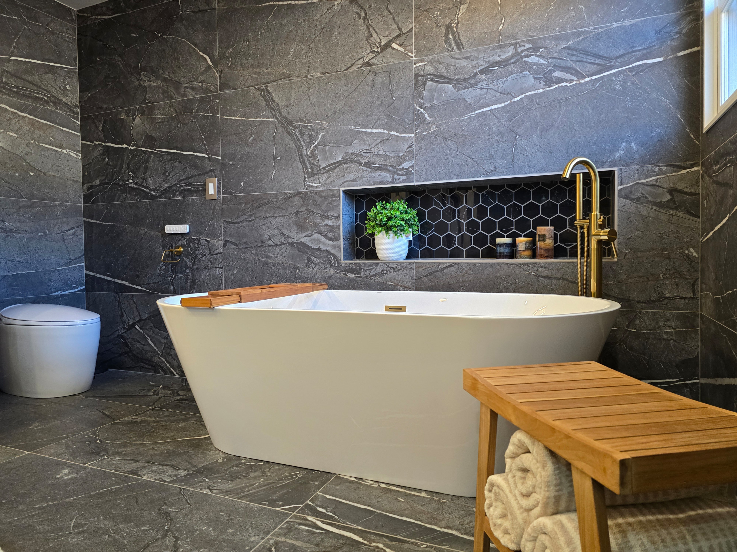 Main Bath full remodeling with custom vanity, freestanding tub & walk-in shower