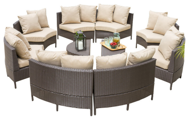 GDF Studio Newton Outdoor 8 Seater Wicker Sectional Sofa Set with Coffee Tables